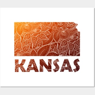 Colorful mandala art map of Kansas with text in brown and orange Posters and Art